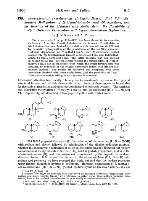 198. Stereochemical investigations of cyclic bases. Part V. Exhaustive methylation of N-methyl-4-aza-5α- and -5β-cholestane, and the reaction of the methines with acetic acid: the possibility of “α′β” Hofmann elimination with cyclic ammonium hydroxides