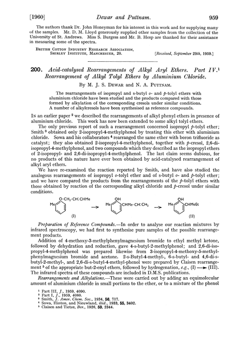 200. Acid-catalysed rearrangements of alkyl aryl ethers. Part IV. Rearrangement of alkyl tolyl ethers by aluminium chloride