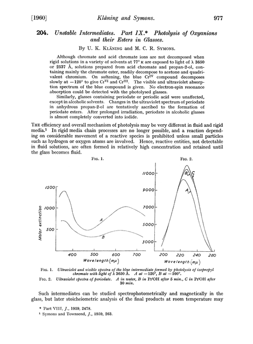 204. Unstable intermediates. Part IX. Photolysis of oxyanions and their esters in glasses