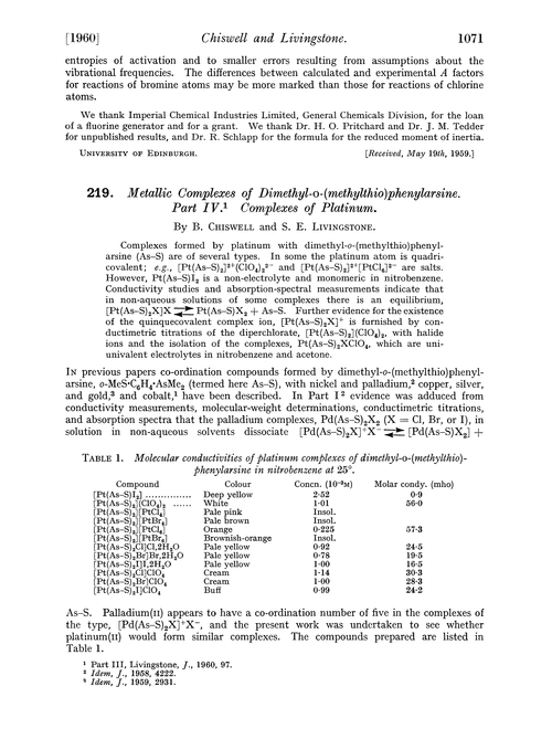 219. Metallic complexes of dimethyl-o-(methylthio)phenylarsine. Part IV. Complexes of platinum