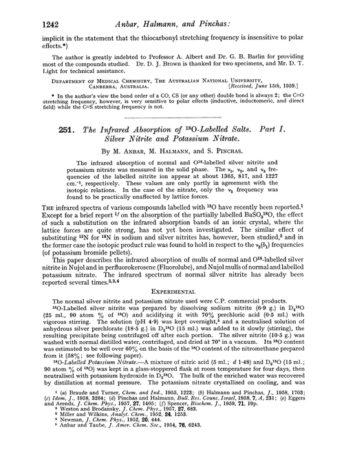 251. The infrared absorption of 18O-labelled salts. Part I. Silver nitrite and potassium nitrate