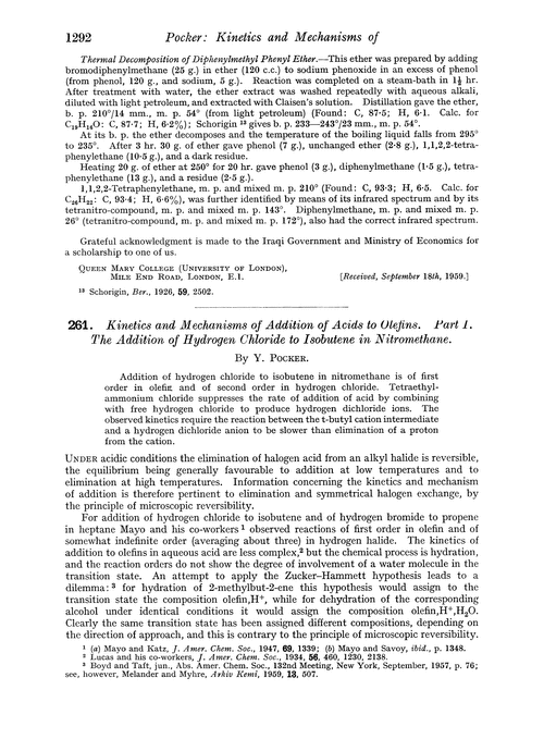 261. Kinetics and mechanisms of addition of acids to olefins. Part I. The addition of hydrogen chloride to isobutene in nitromethane