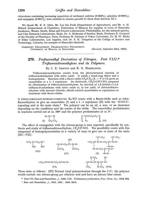 279. Perfluoroalkyl derivatives of nitrogen. Part VIII. Trifluoronitrosoethylene and its polymers