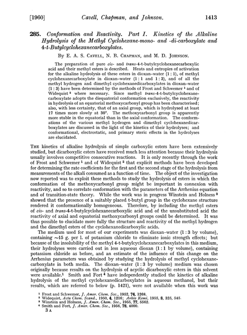 285. Conformation and reactivity. Part I. Kinetics of the alkaline hydrolysis of the methyl cyclohexane-mono- and -di-carboxylate and 4-t-butylcyclohexanecarboxylates