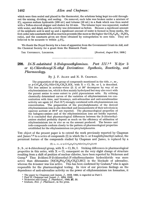 298. Di-N-substituted 2-halogenoethylamines. Part III. N-2(or 3 or 4)-chlorobenzyl-N-ethyl derivatives: synthesis, reactivity, and pharmacology