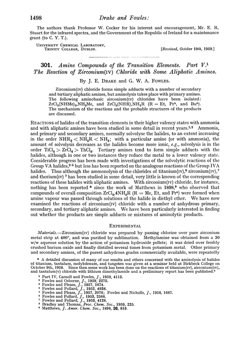 301. Amine compounds of the transition elements. Part V. The reaction of zirconium(IV) chloride with some aliphatic amines