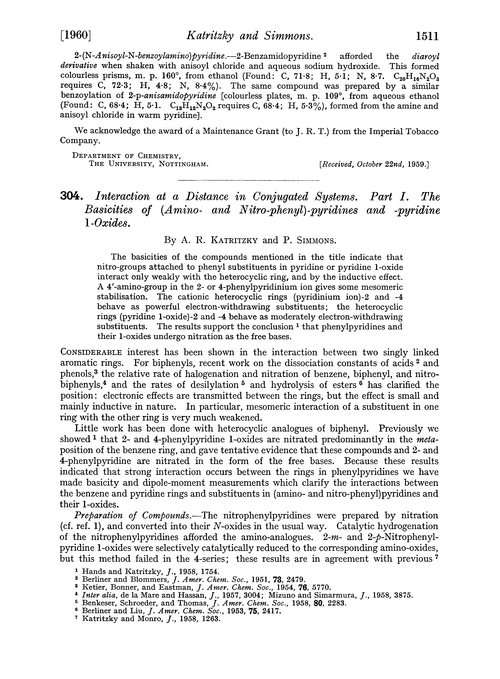 304. Interaction at a distance in conjugated systems. Part I. The basicities of (amino- and nitro-phenyl)-pyridines and -pyridine 1-oxides