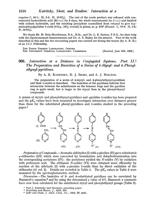 305. Interaction at a distance in conjugated systems. Part II. The preparation and basicities of a series of 4-styryl- and 4-phenyl-ethynyl-pyridines