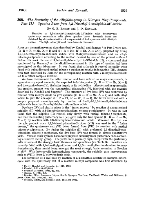 308. The reactivity of the alkylthio-group in nitrogen ring compounds. Part II. Cyanine bases from 3,3-dimethyl-2-methylthio-3H-indole