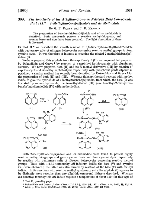 309. The reactivity of the alkylthio-group in nitrogen ring compounds. Part III. 2-Methylthiobenz[cd]indole and its methiodide