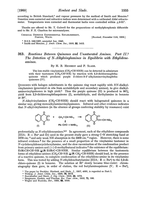 313. Reactions between quinones and unsaturated amines. Part II. The detection of N-alkylvinylamines in equilibria with ethylideneamines