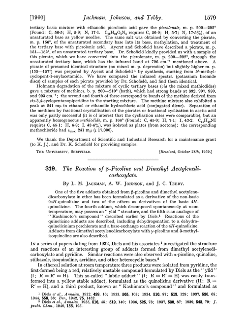 319. The reaction of β-picoline and dimethyl acetylenedicarboxylate