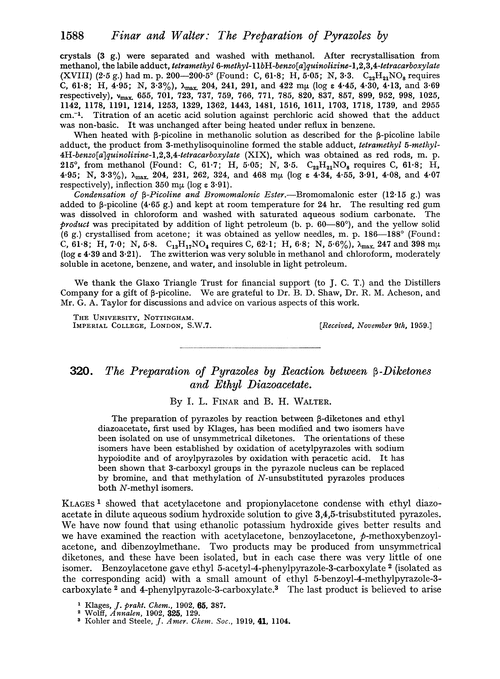 320. The preparation of pyrazoles by reaction between β-diketones and ethyl diazoacetate