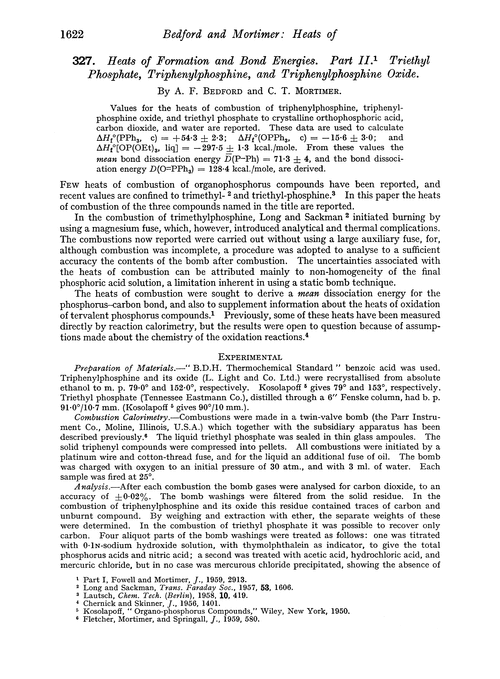 327. Heats of formation and bond energies. Part II. Triethyl phosphate, triphenylphosphine, and triphenylphosphine oxide