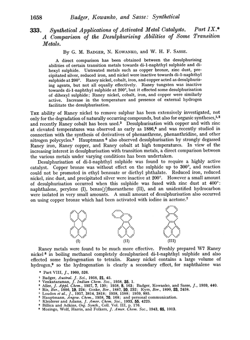333. Synthetical applications of activated metal catalysts. Part IX. A comparison of the desulphurising abilities of some transition metals