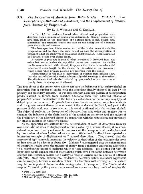 367. The desorption of alcohols from metal oxides. Part II. The desorption of t-butanol and n-butanol, and the displacement of ethanol from anatase by propan-2-ol