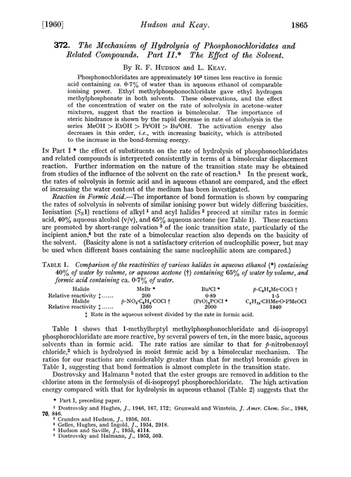 372. The mechanism of hydrolysis of phosphonochloridates and related compounds. Part II. The effect of the solvent