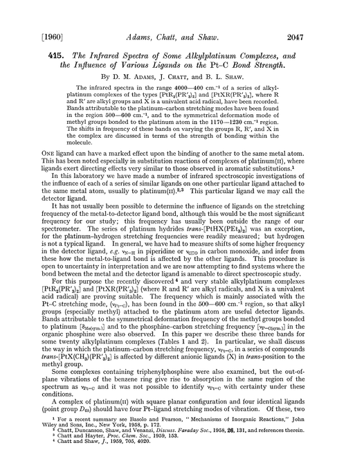 415. The infrared spectra of some alkylplatinum complexes, and the influence of various ligands on the Pt–C bond strength