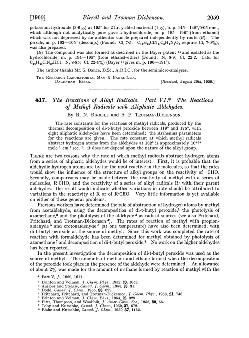 417. The reactions of alkyl radicals. Part VI. The reactions of methyl radicals with aliphatic aldehydes