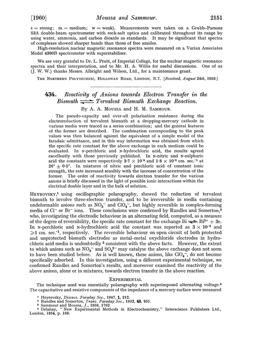 434. Reactivity of anions towards electron transfer in the bismuth ⇌ tervalent bismuth exchange reaction