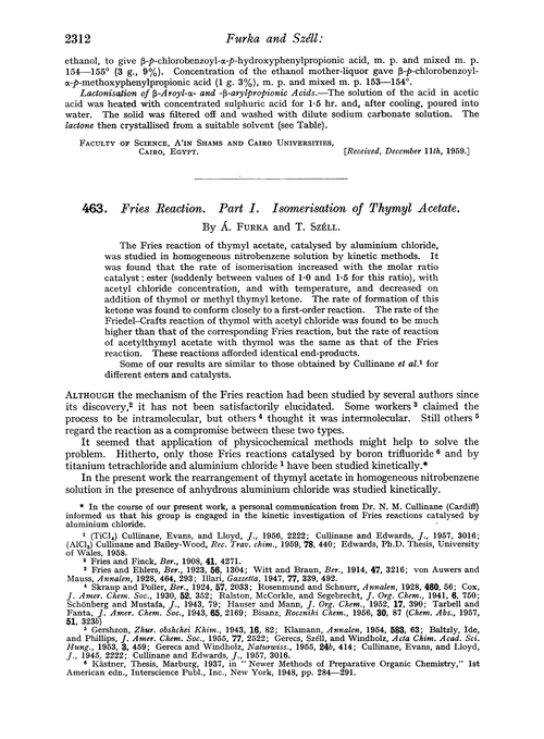 463. Fries reaction. Part I. Isomerisation of thymyl acetate