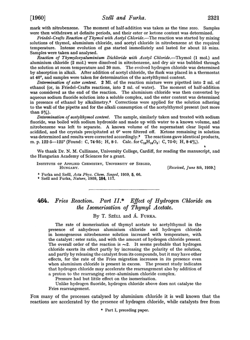 464. Fries reaction. Part II. Effect of hydrogen chloride on the isomerisation of thymyl acetate