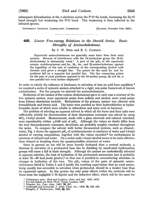 468. Linear free-energy relations in the steroid series. Basic strengths of aminocholestanes