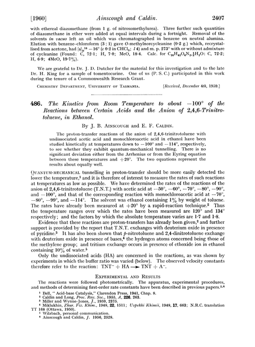 486. The kinetics from room temperature to about –100° of the reactions between certain acids and the anion of 2,4,6-trinitrotoluene, in ethanol