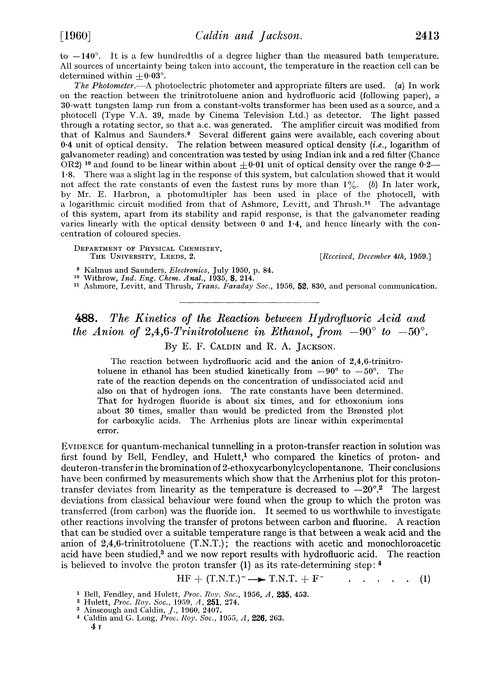 488. The kinetics of the reaction between hydrofluoric acid and the anion of 2,4,6-trinitrotoluene in ethanol, from –90° to –50°