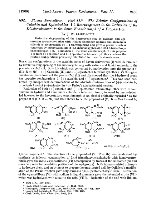 492. Flavan derivatives. Part II. The relative configurations of catechin and epicatechin: 1,2-rearrangement in the reduction of the diastereoisomers to the same enantiomorph of a propan-1-ol