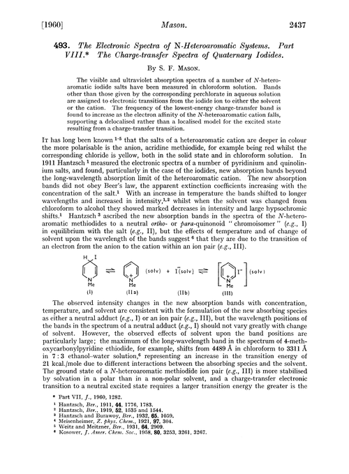 493. The electronic spectra of N-heteroaromatic systems. Part VIII. The charge-transfer spectra of quaternary iodides