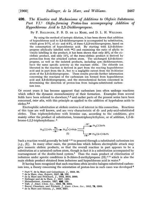 498. The kinetics and mechanisms of additions to olefinic substances. Part VI. Olefin-forming proton-loss accompanying addition of hypochlorous acid to 2,3-dichloropropene