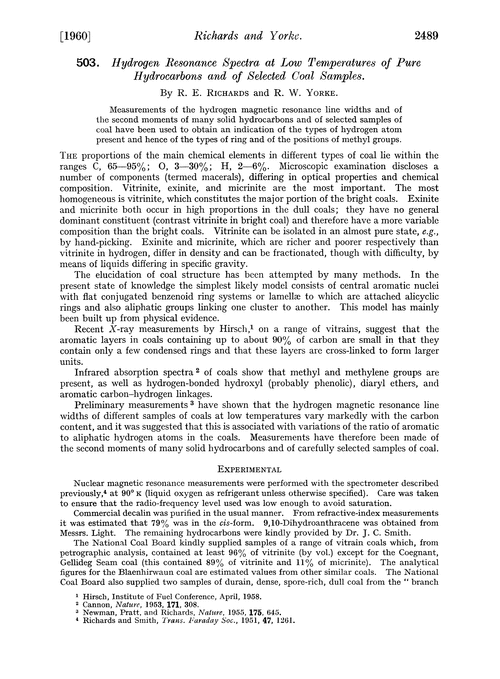 503. Hydrogen resonance spectra at low temperatures of pure hydrocarbons and of selected coal samples