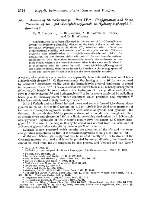 520. Aspects of stereochemistry. Part IV. Configuration and some reactions of the 1,3-O-benzylideneglycerols (5-hydroxy-2-phenyl-1,3-dioxans)