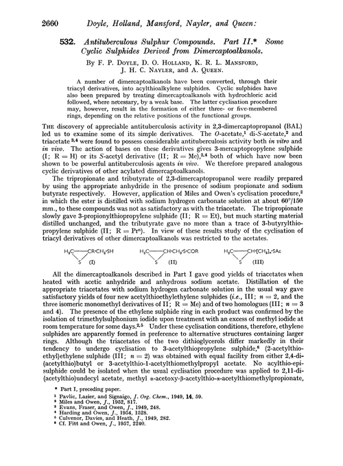 532. Antituberculous sulphur compounds. Part II. Some cyclic sulphides derived from dimercaptoalkanols