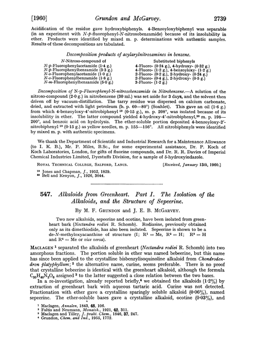 547. Alkaloids from greenheart. Part I. The isolation of the alkaloids, and the structure of sepeerine