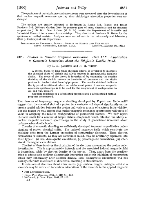 581. Studies in nuclear magnetic resonance. Part II. Application to geometric isomerism about the ethylenic double bond