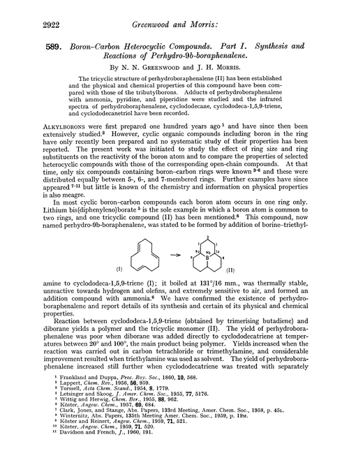 589. Boron–carbon heterocyclic compounds. Part I. Synthesis and reactions of perhydro-9b-boraphenalene