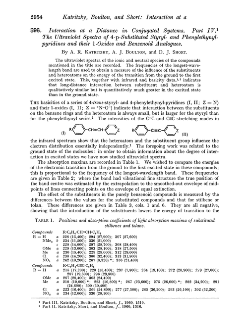 596. Interaction at a distance in conjugated systems. Part IV. The ultraviolet spectra of 4-p-substituted styryl- and phenylethynyl-pyridines and their 1-oxides and benzenoid analogues