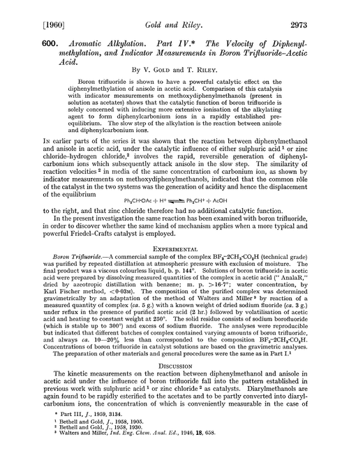 600. Aromatic alkylation. Part IV. The velocity of diphenylmethylation, and indicator measurements in boron trifluoride–acetic acid