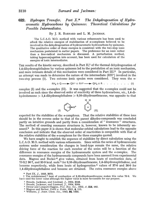 622. Hydrogen transfer. Part X. The dehydrogenation of hydroaromatic hydrocarbons by quinones: theoretical calculations for possible intermediates