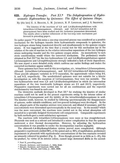 623. Hydrogen transfer. Part XI. The dehydrogenation of hydroaromatic hydrocarbons by quinones: the effect of quinone shape