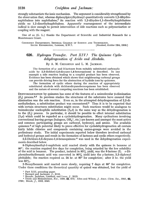 626. Hydrogen transfer. Part XIV. The quinone cyclodehydrogenation of acids and alcohols