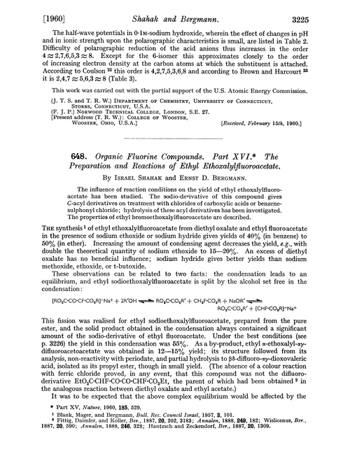 648. Organic fluorine compounds. Part XVI. The preparation and reactions of ethyl ethoxalylfluoroacetate