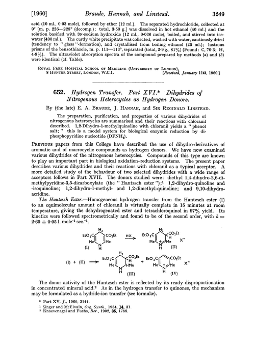 652. Hydrogen transfer. Part XVI. Dihydrides of nitrogenous heterocycles as hydrogen donors