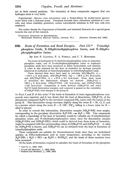 658. Heats of formation and bond energies. Part III. Trimethylphosphine oxide, N-ethyltrimethylphosphine imine, and N-ethyltri-phenylphosphine imine