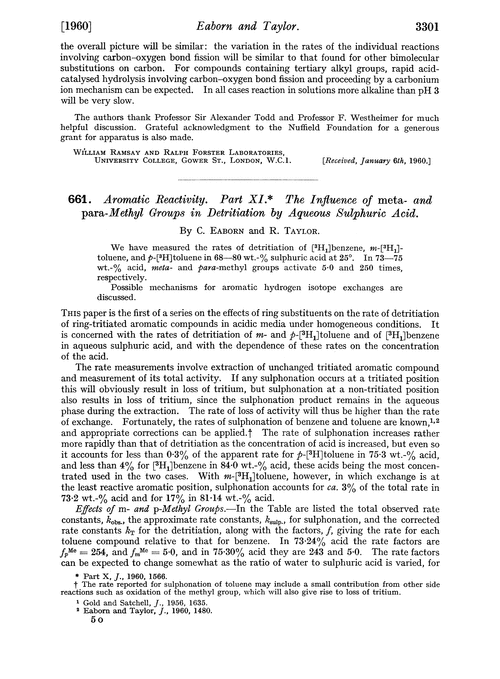 661. Aromatic reactivity. Part XI. The influence of meta- and para- methyl groups in detritiation by aqueous sulphuric acid