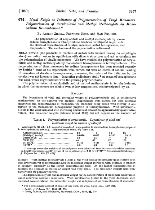 671. Metal ketyls as initiators of polymerisation of vinyl monomers. Polymerisation of acrylonitrile and methyl methacrylate by mono-sodium benzophenone