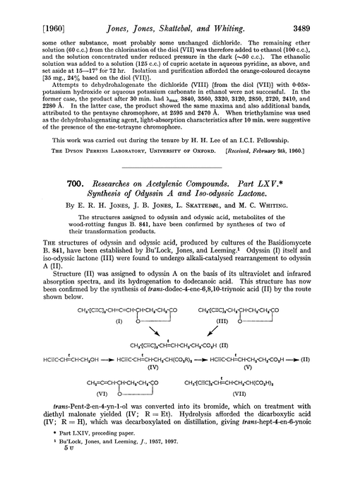 700. Researches on acetylenic compounds. Part LXV. Synthesis of odyssin a and iso-odyssic lactone