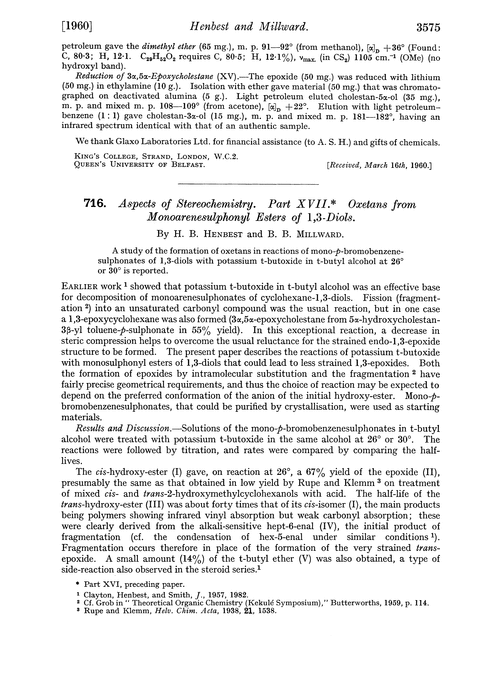716. Aspects of stereochemistry. Part XVII. Oxetans from monoarenesulphonyl esters of 1,3-diols